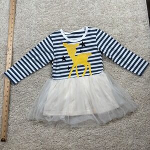 Gold Treasure Kids Girls 3T Navy White Stripe Deer Tulle Dress Long Sleeve